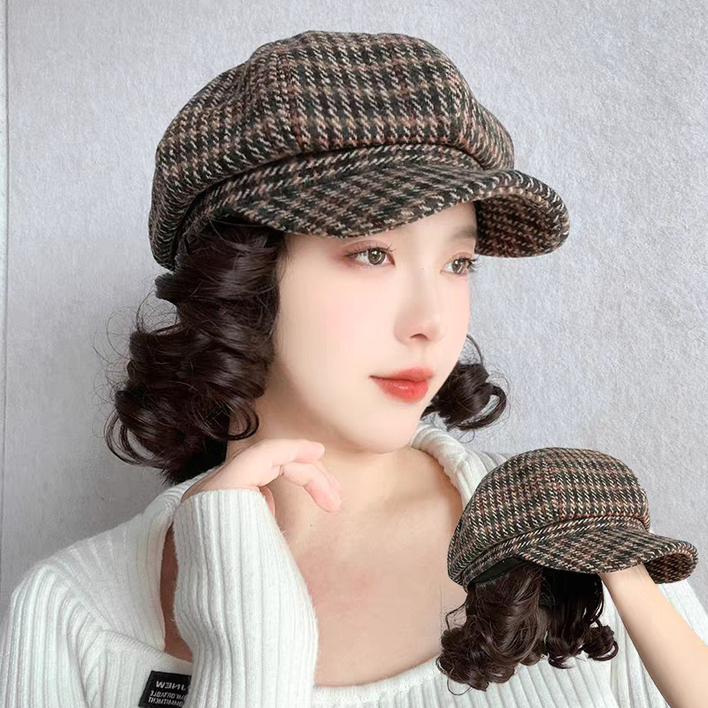 Fashionable Winter Woolen Houndstooth Navy Hat with Integrated Wig for Women, Korean Style Trendy Collarbone Full Headpiece