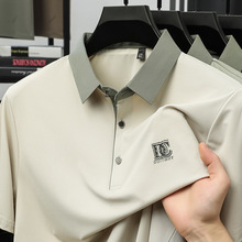 2025夏中年男士冰丝纯色短袖polo衫中老年半袖上衣拼色短袖t恤