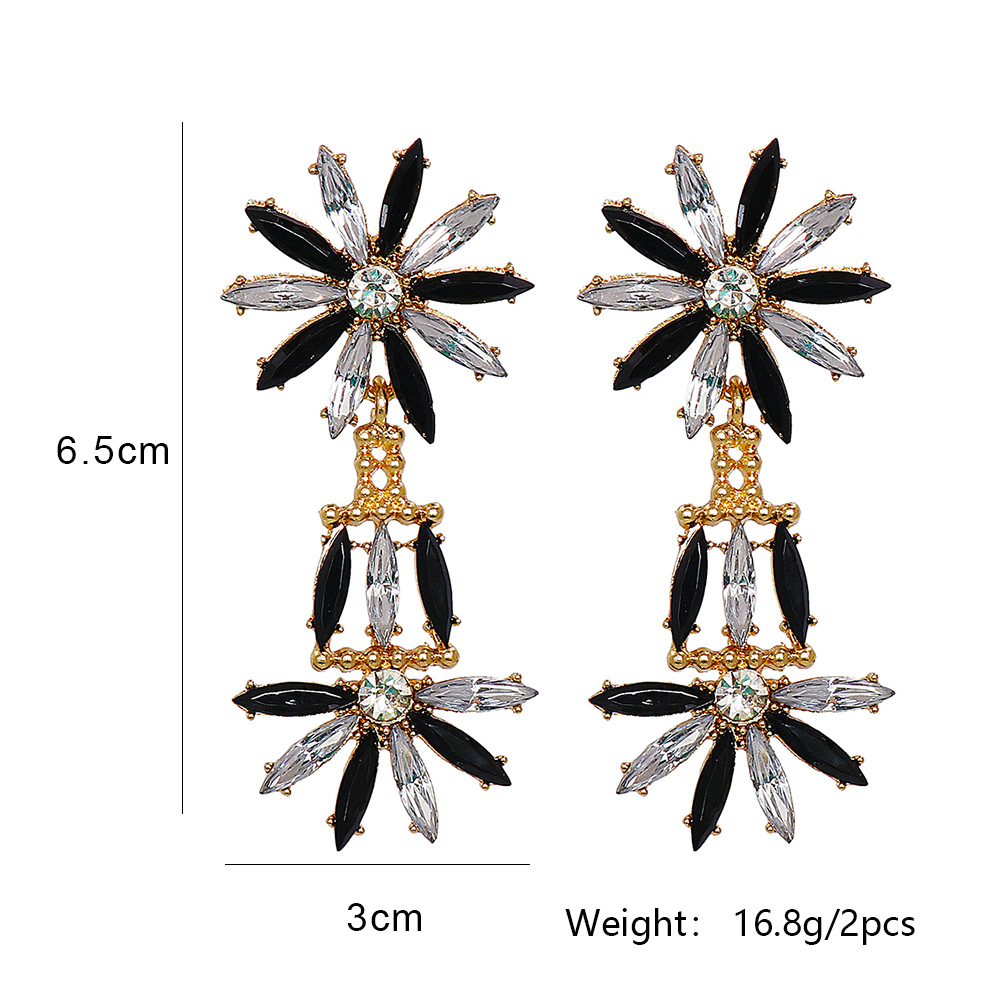 Fashion Black Alloy Diamond Geometric Flower Earrings
