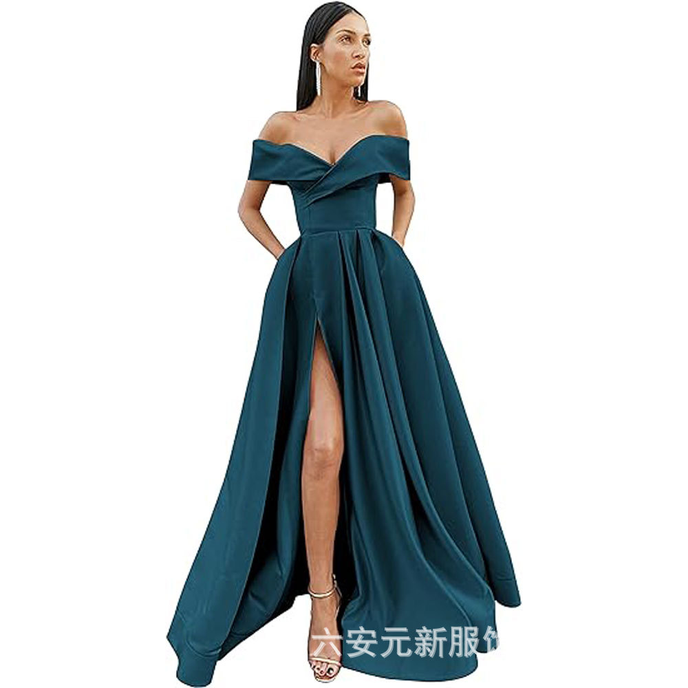 Amazon Comercio exterior fuera del hombro prom vestido de noche largo split sexy Fiesta de las mujeres vestido de banquete