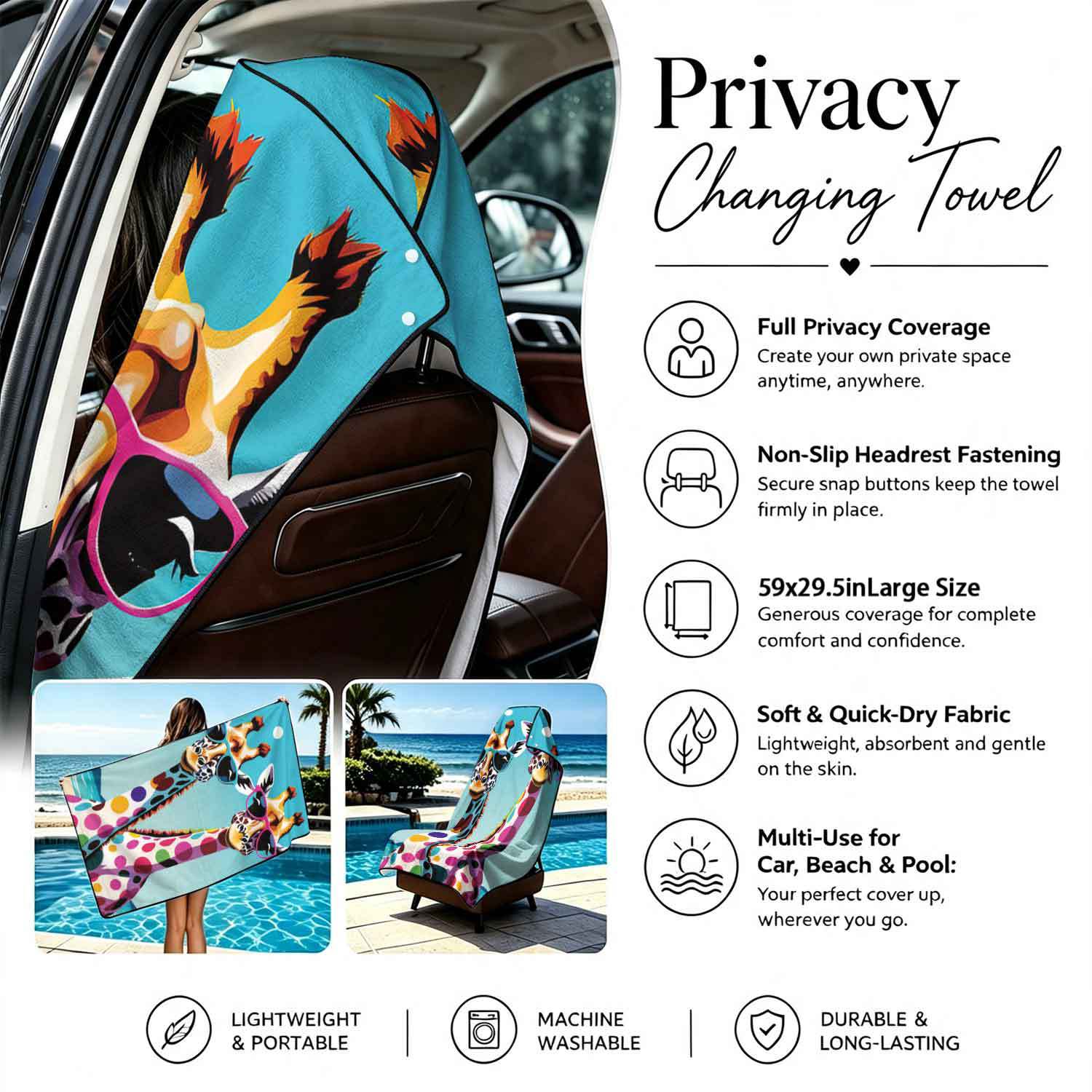 Printed bath towel and car seat cover 2-in-1, ultra-fine fiber outdoor beach and car dual-use universal seat cushion