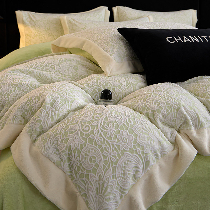 Invierno engrosado tallado leche de lana de cuatro piezas conjuntos de doble brida de lana de coral sábanas cubiertas de cama de tres piezas conjuntos de ropa de cama