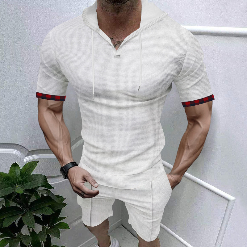 Men's Waffle Knit Hooded T-Shirt And Shorts Set - Summer Athletic Casual Short Sleeve Outfit_viptrois.com