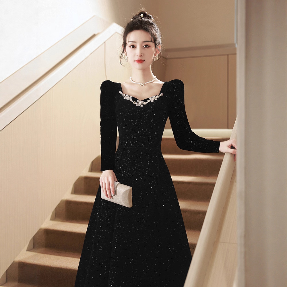 Black Evening Dress High-End Light Luxury Niche French Hepburn Style High-End Birthday Host Female Banquet Coming-Of-Age Ceremony