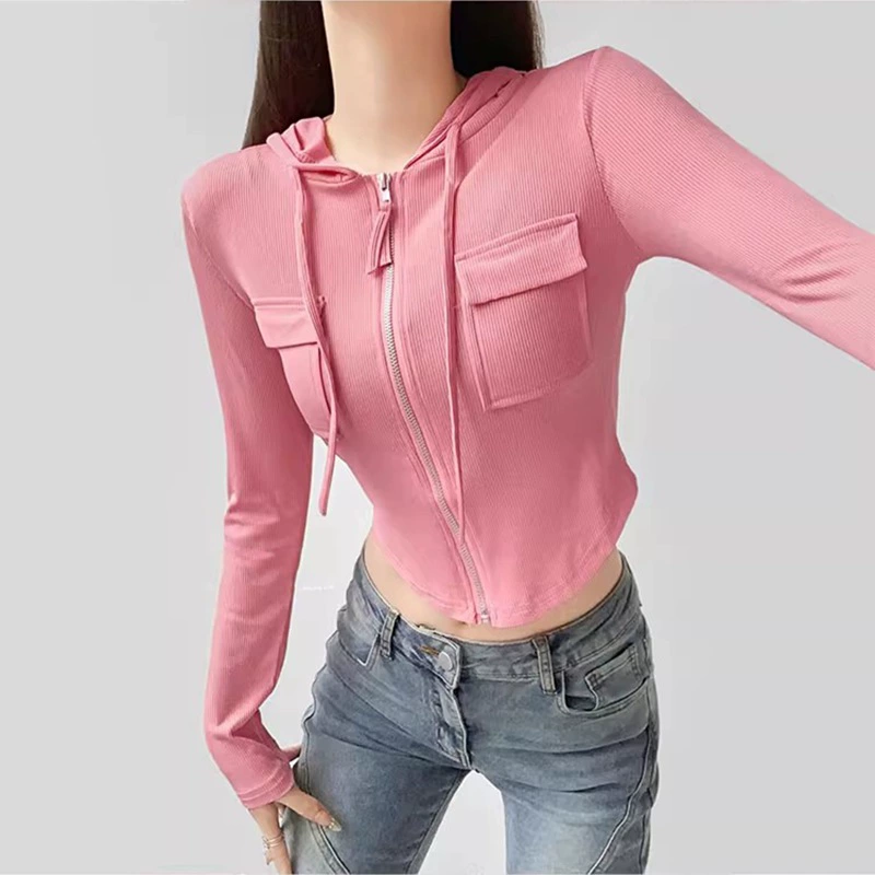 Официальное изображение Jinliang [Готовый запас + цветной хлопковый рельеф] Короткая футболка с капюшоном для горячих девушек, топы, тонкий топ с длинными рукавами