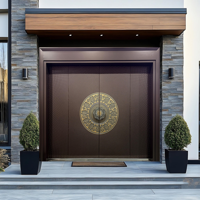 Exquisitely crafted cast aluminum doors, featuring a luxurious four-panel design in a modern Chinese style, are a top-grade security solution for villas, offering a four-door configuration with a double-door design