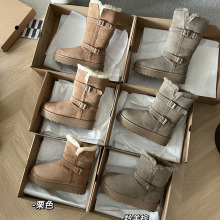 羊皮毛一体厚底中筒骑士靴扣带翻毛雪地靴女新款两穿加厚保暖棉鞋