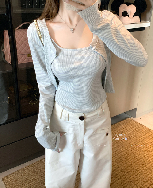 慵懒开衫外套女2025年秋季套装修身条纹吊带背心上衣两件套一整套|undefined