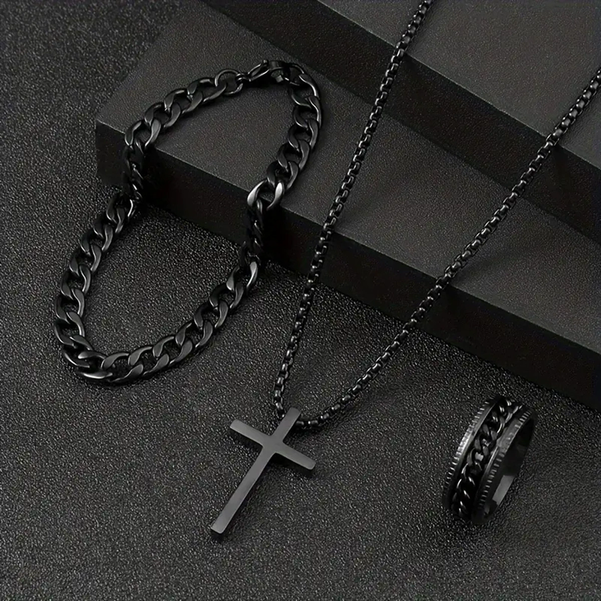 Комплект ювелирных изделий Cross, унисекс, ожерелье из титаново-стального сплава 60 см, браслет 22 см, кольцо Ø 2 см