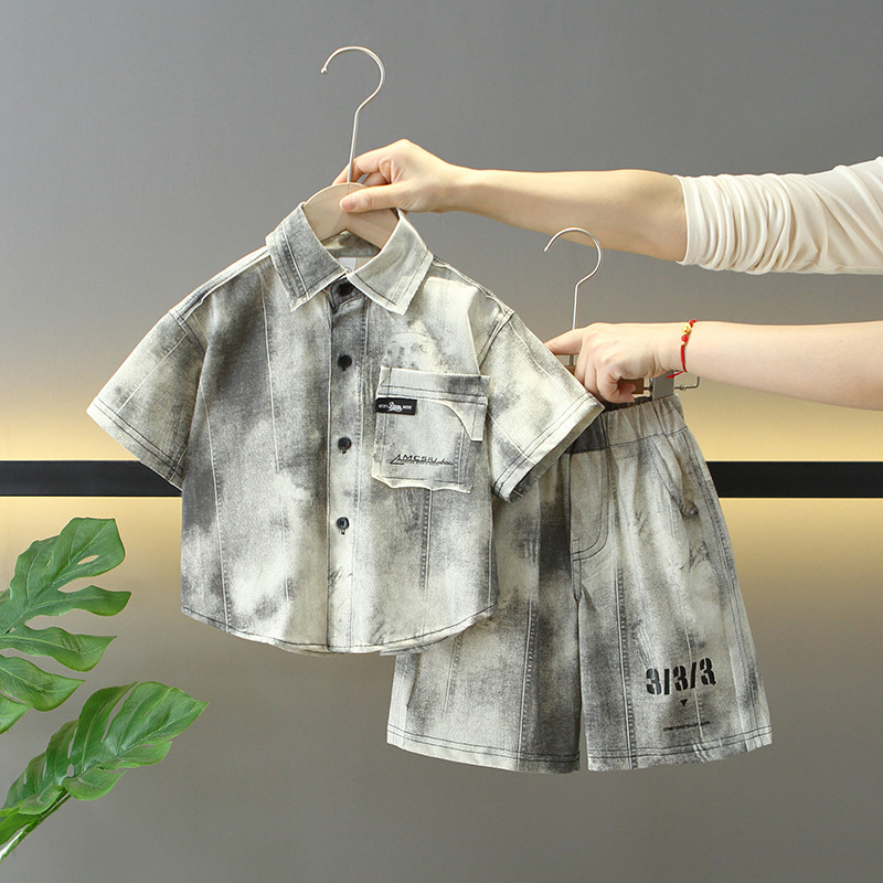 7912 traje de teñido anudado de verano para niños 2025 nueva camisa de estilo occidental para niños bebé verano versión coreana de dos piezas de moda