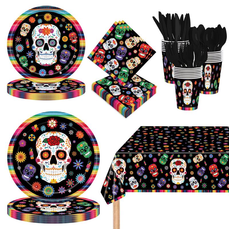 Cross-Border Disposable Paper Plates and Paper Towels Day of the Dead Halloween Party Set Skull Decorations Paper Cups and Tableware New Cross-Border Disposable Paper Plates and Paper Towels Day of the Dead Halloween Party Set Skull Decorations Paper Cups and Tableware New