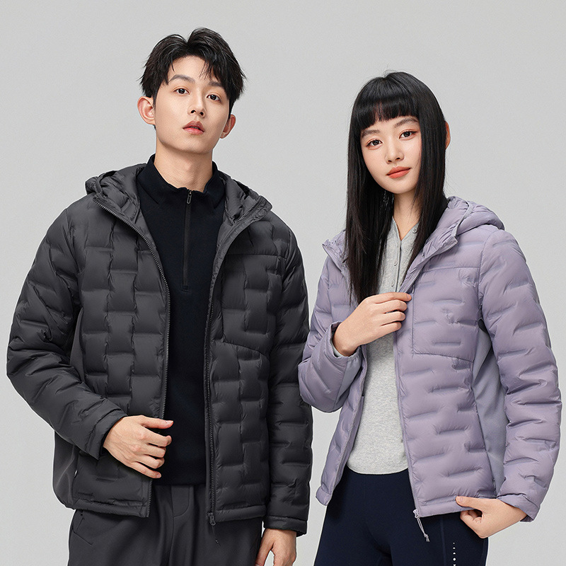 Chaqueta de plumón ligera al aire libre con capuchón en vivo pareja simple y versátil de manga larga nueva chaqueta estándar nacional 90 blanco con capuchón