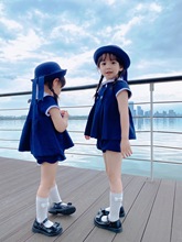 2024夏季新款女童海军风连衣裙学院风短袖套装超可爱童装两件套
