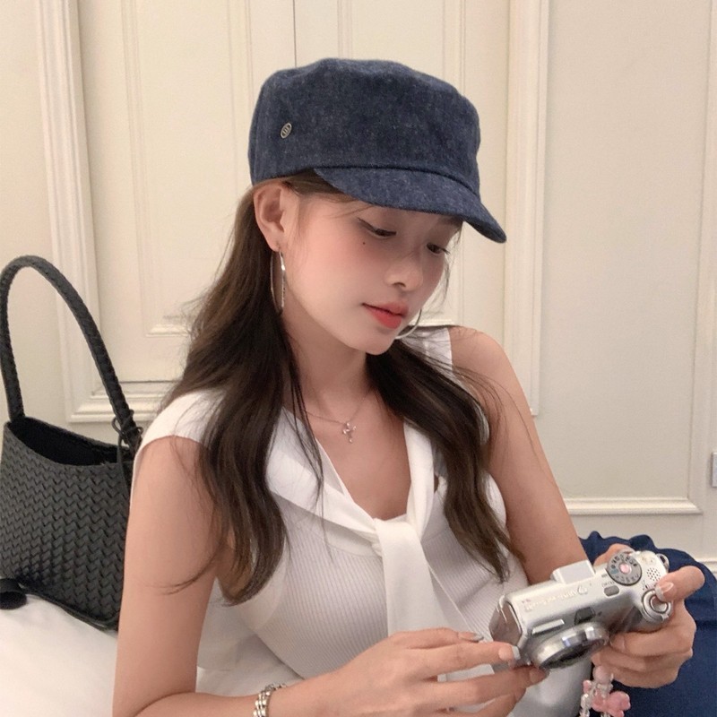 日系复古深蓝牛仔平顶马术帽女四季纯棉英伦风鸭舌帽韩版海军帽男|undefined