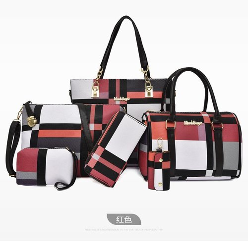 New checkered six-piece set mother and child tote bag, color-blocked trendy women's shoulder handbag, cross-border dropshipping worldwide