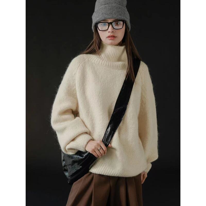 Heavy texture recommend winter festival Korean style lazy turtleneck mohair sweater warm wool top for women