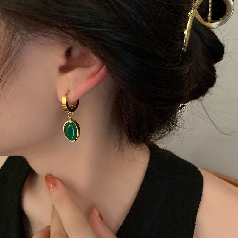 Retro Oval Titanium Steel Inlay Artificial Gemstones Drop Earrings 1 Pair