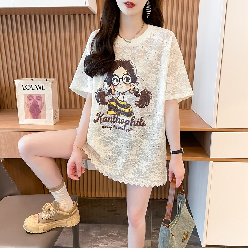 Heavy Lace Splicing Cut Out Short-Sleeved T-Shirt for Women, Lazy Style Cartoon Print, Age-Reducing Mid-Length Slimming Look Top Ins