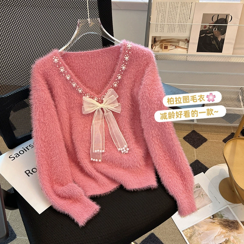 Вязаная демисезонная короткая кофта с бантом из жемчуга, французский стиль