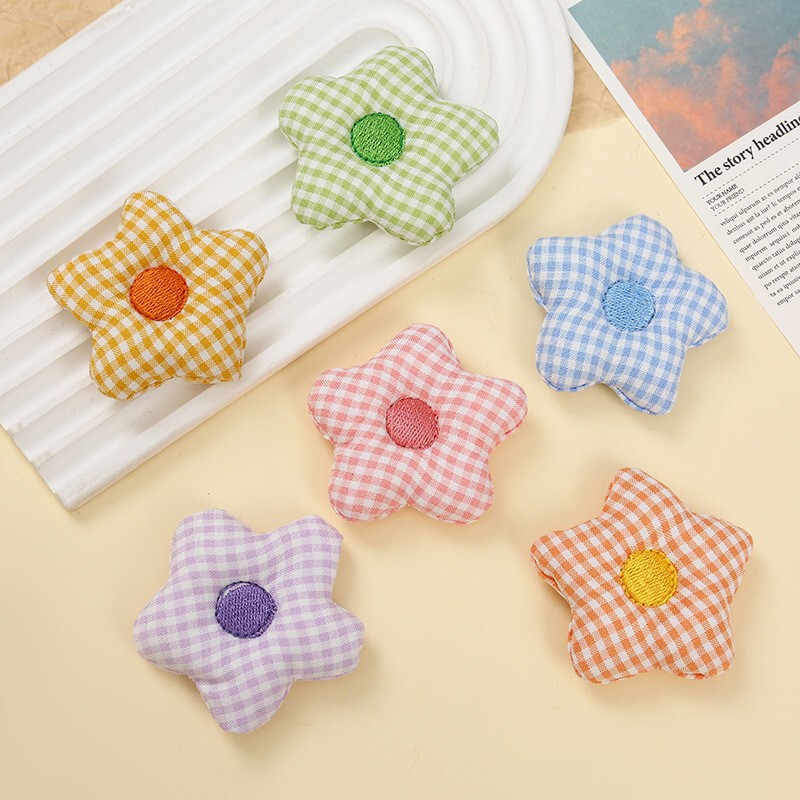Candy Color Stereo Cotton-Filled Plaid Star Flower Brooch Handmade DIY Hair Accessories Pressed Heart Flower Clothing Accessories