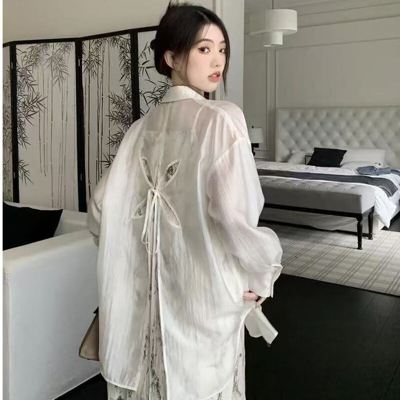 Sun-protective lightweight shirt jacket 2026, loose fit, summer hollow-out lace-up design, cardigan shirt top, white Sun-protective lightweight shirt jacket 2026, loose fit, summer hollow-out lace-up design, cardigan shirt top, white