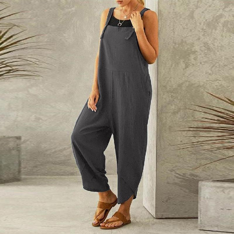 Tuta da donna ampia e larga, estiva, regolabile, in cotone e lino, tinta unita, pantaloni larghi, tute da donna oversize_voghion.com