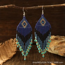 欧美跨境孔雀手工编织波西米亚创意几何形彩色米珠民族风流苏耳坠