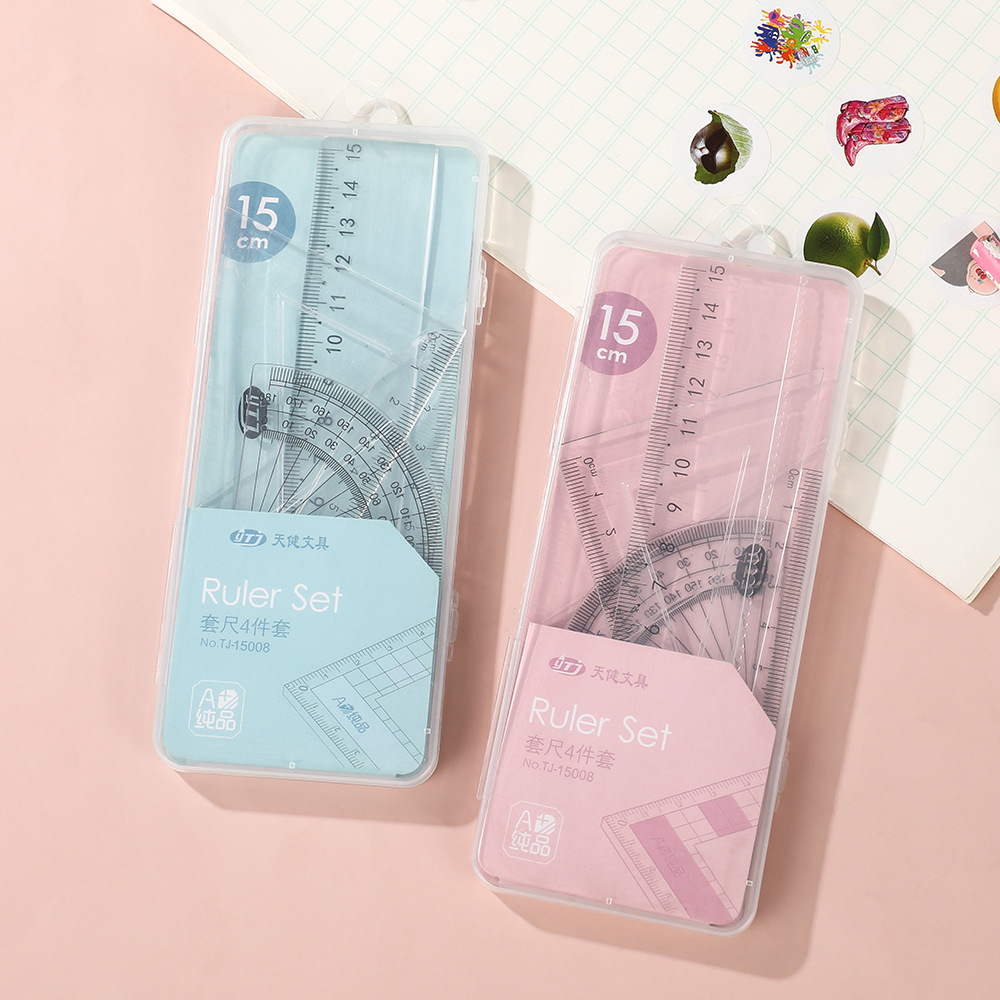 Cuatro piezas de la caja de los estudiantes de la regla recta triangular conjunto de medición de ángulo para estudiantes de primaria premios de papelería regla al por mayor