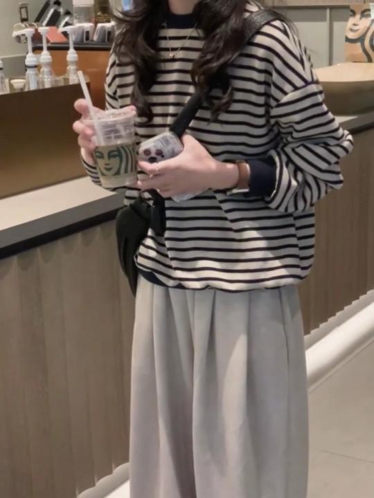 美式条纹圆领卫衣女春秋新款爆款宽松休闲针织毛衣上衣冬|undefined