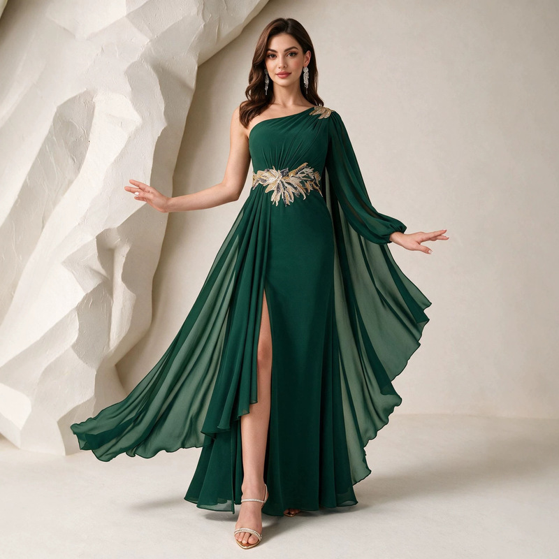 Stylish One-Shoulder Design with Long Sleeve, Sequin Embroidery, Pleated Ruffles, and Slit, Elegant Gown Dress Stylish One-Shoulder Design with Long Sleeve, Sequin Embroidery, Pleated Ruffles, and Slit, Elegant Gown Dress