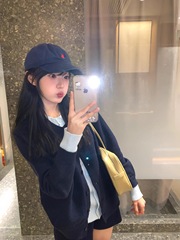 假两件藏蓝色针织开衫毛衣女春秋新款韩系慵懒松弛感外套短款上衣