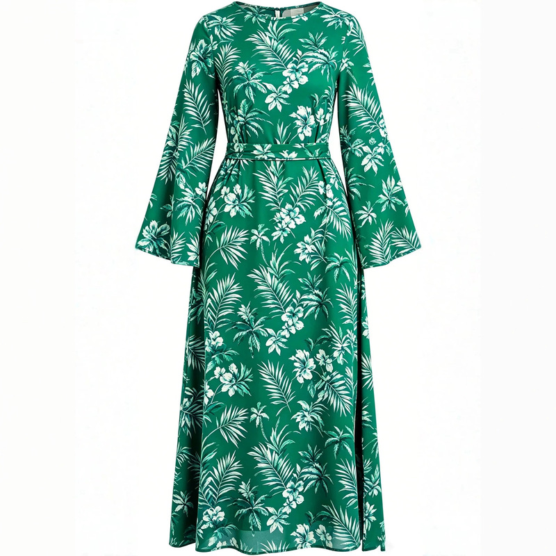 Hawaiian Palm Tree Print High-Waisted Long Dress, French-Style Gentle and Slimming Vacation Long Dress