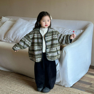 2024 Winter New Children's Wear Korean Style Children's Retro Lamb Wool Jacket Girls' Colorful Mao Mao Cardigan Trendy