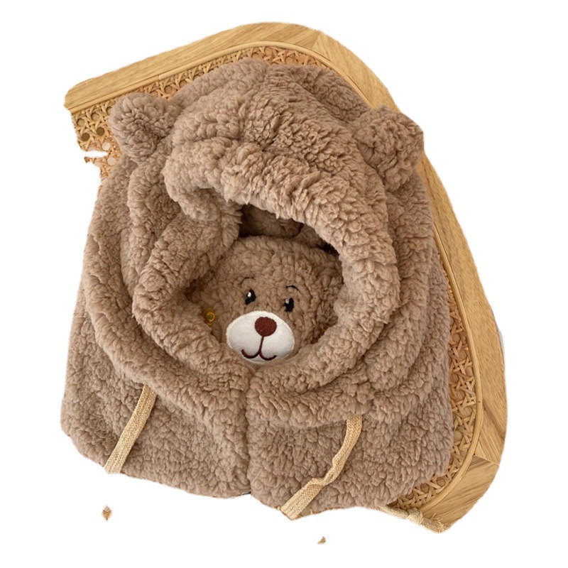 Cute Bear Scarf Hat Warm All-in-One Hat Women's Winter Student Lamb Wool Korean-Style Hooded Mask Fluffy Hat