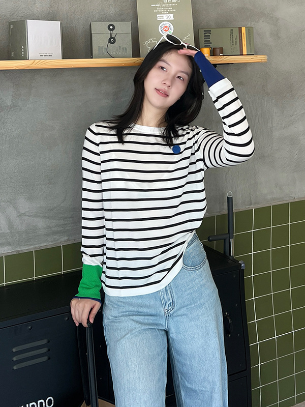 2025春季新款女冷淡系打底衫醋酸棉拼色袖子经典休闲条纹长袖T恤|undefined