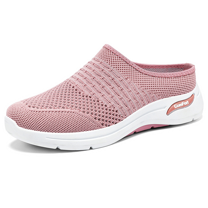 Zapatos de mujer verano nuevo estilo malla transpirable de un pie tejido volador suela suave zapatos casuales zapatos mujer todo fósforo medio arrastre al por mayor