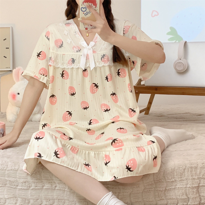 Comercio exterior verano camisón de encaje manga corta pijamas delgada dibujos animados dulce lindo estudiante seda la leche desgaste del hogar