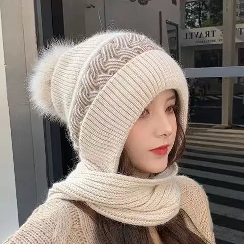 帽子围巾一体冬季女保暖针织帽韩版百搭套头风雪帽护耳毛线帽防寒