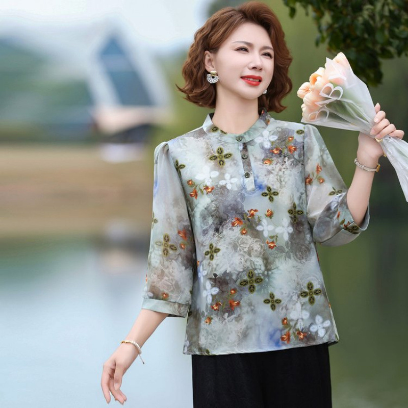 Popular Commuter Three-Quarter Sleeve Blouse 2026 Spring/Summer New Chiffon Shirt for Moms, Loose Fit, Slimming, Age-Reducing Women's Top