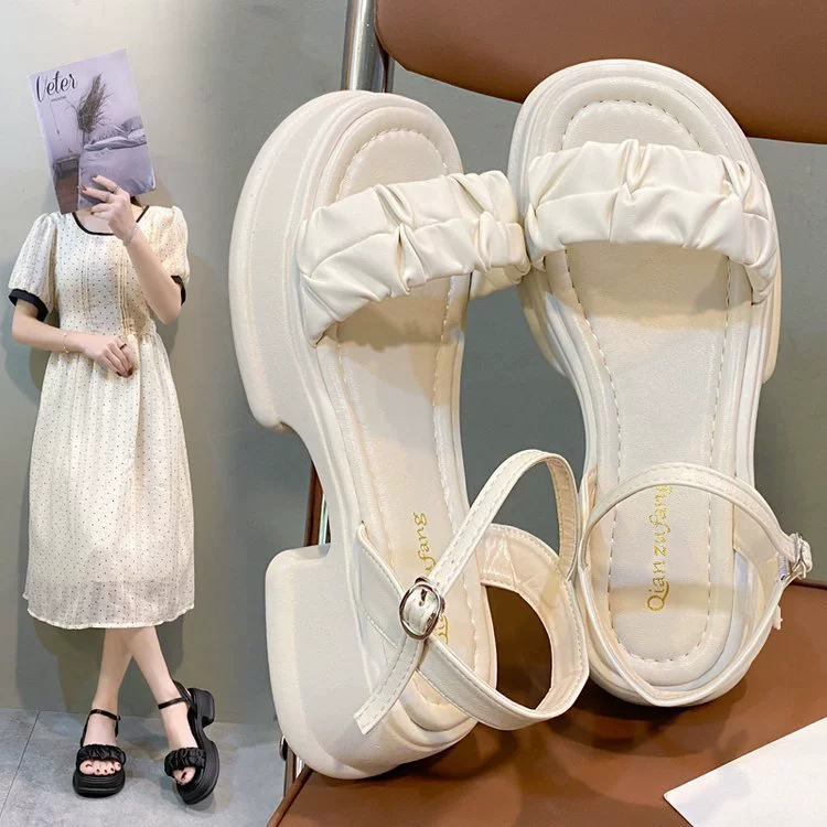 Сандалии на высоком каблуке, женские летние новые пляжные сандалии на толстой подошве, плиссированные римские туфли с пряжкой и ремешком, французские туфли на плоской подошве