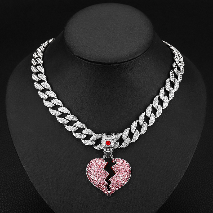 Diamond Broken Heart Necklace With Pink Crystals For Unisex_voghion.com