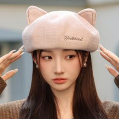 女秋季新款文艺画家帽日系可爱猫耳朵八角帽素颜百搭显脸小南瓜帽