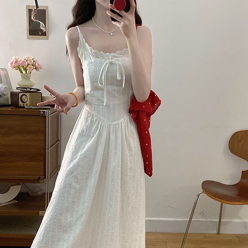 White Dress for Women, Summer Lace Strap Style, New Gentle and Sweet Vacation Style, First Love Waist-Cinching Slimming Long Dress White Dress for Women, Summer Lace Strap Style, New Gentle and Sweet Vacation Style, First Love Waist-Cinching Slimming Long Dress