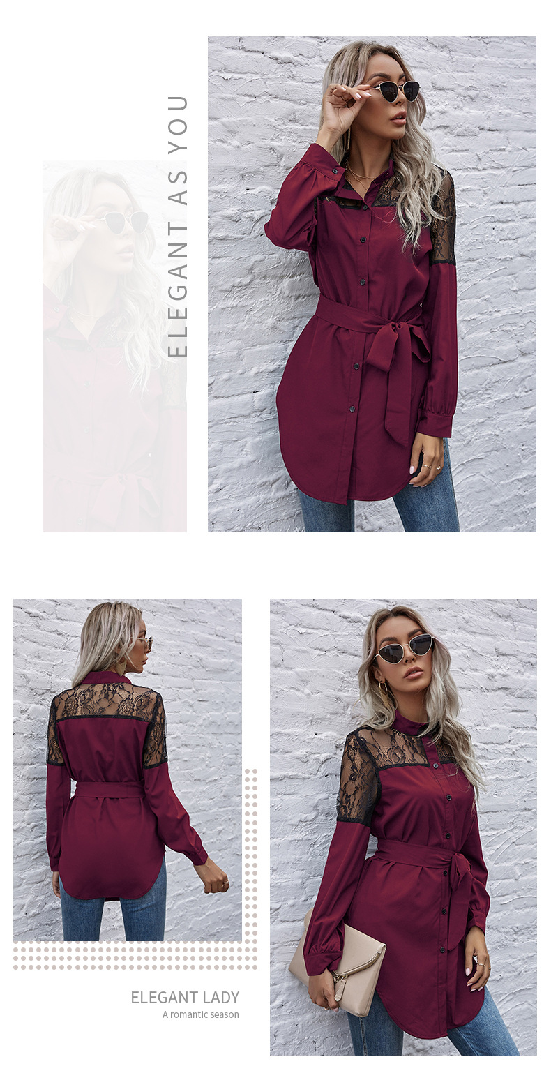 Autumn solid color long sleeve lapel lace stitching polyester sexy long blouse NSYYF86628