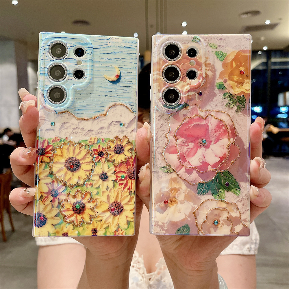 Blaues Strass-Ölgemälde mit Blumenmuster, geeignet für Samsung S25 Ultra Handyhülle, S24U mit Glitzer-Linsenfolie, S23_voghion.com