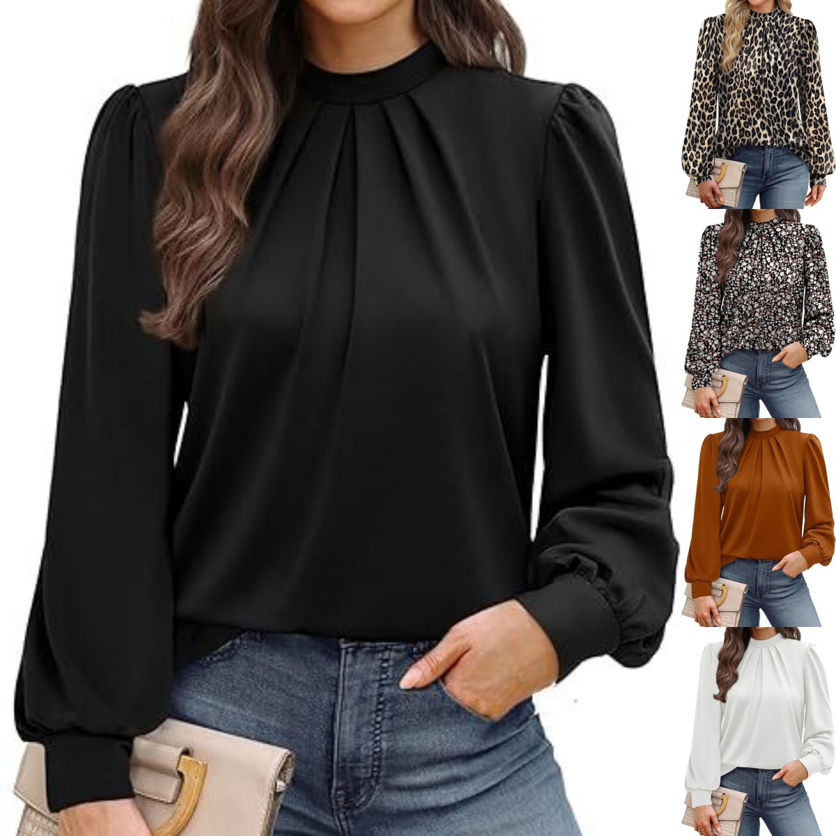 9色 2025亚马逊跨境秋冬新款长袖衬衫小立领褶皱前衬衫休闲t恤女