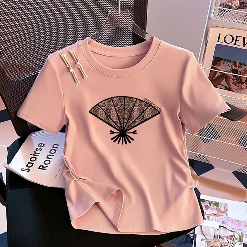 Nueva camiseta de manga corta con estampado de hebilla de disco de estilo chino para mujer verano talla grande grasa mm moda todo-fósforo temperamento delgado estilo nacional top