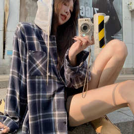 跨境日系女装秋季格纹衬衫薄防晒衫外搭开衫外套法式罩衫大码休闲