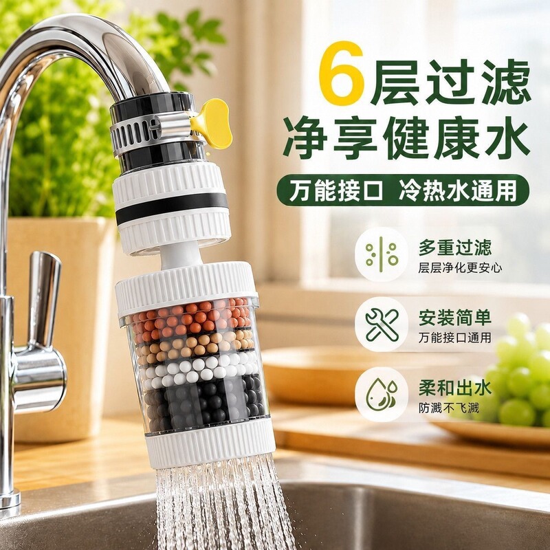 Faucet filter for kitchen, universal, rotatable, splash-proof shower head, six-layer filtration, detachable and washable tap water filter