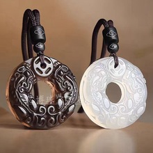 天然黑曜石双貔貅吊坠玛瑙玉髓貔貅平安扣吊坠多色玛瑙玉石平安扣